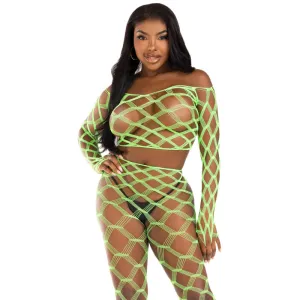 2 Pc Net Crop Top and Footless Tights - One Size - Neon Green