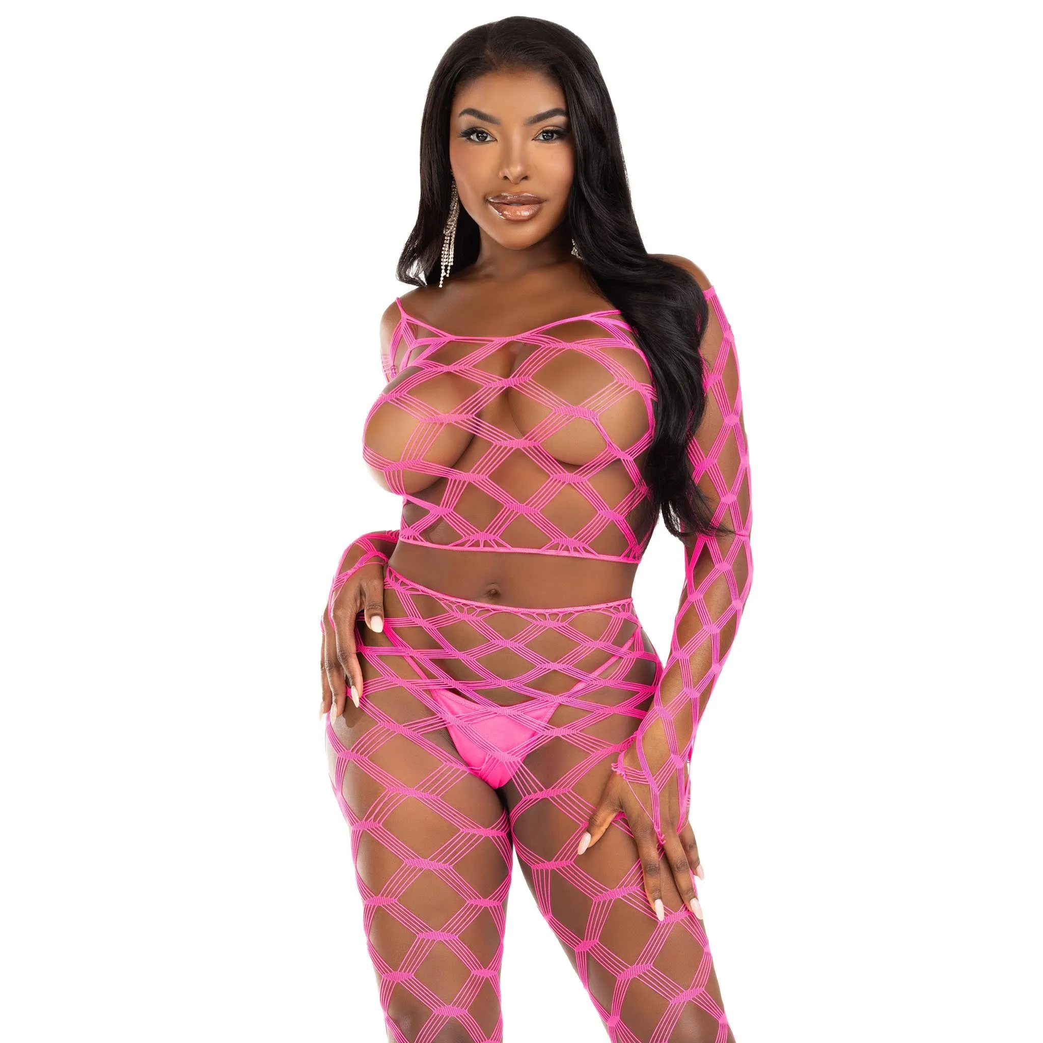 2 Pc Net Crop Top and Footless Tights - One Size - Neon Pink