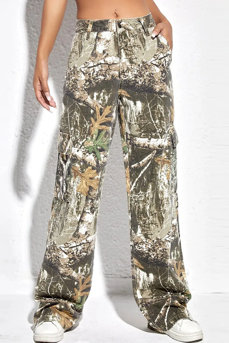 Adventurous Tropical Print Cargo Pocket High Rise Straight Leg Camo Jeans