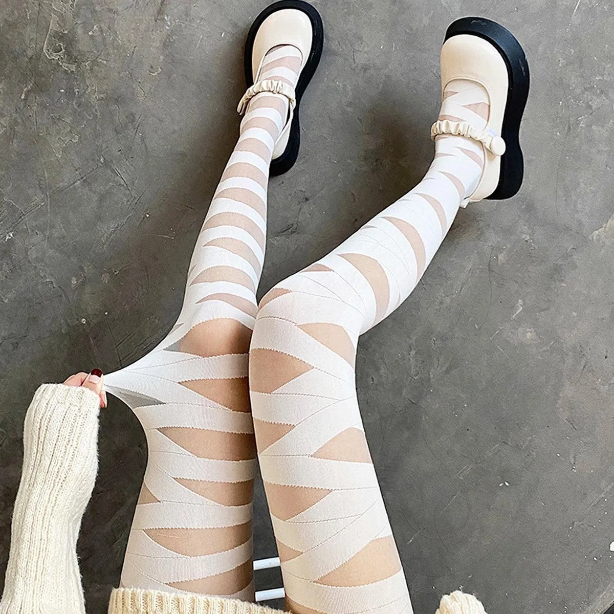 benpaolv Lace Cross Bandaged Aesthetic Tights