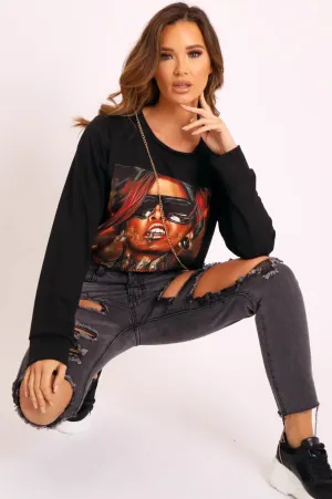 Black Graphic Motif Sweatshirt - Janny