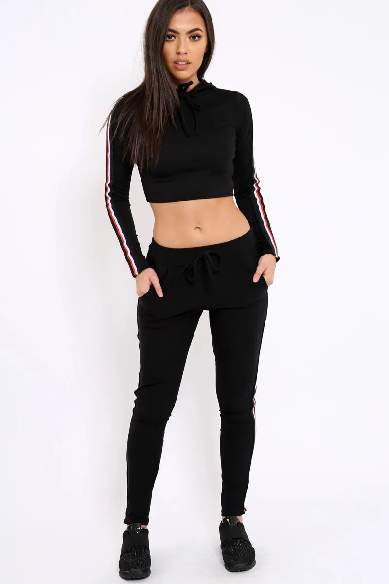 Black Tracksuit with Red White and Black Side Stripe - Kasey