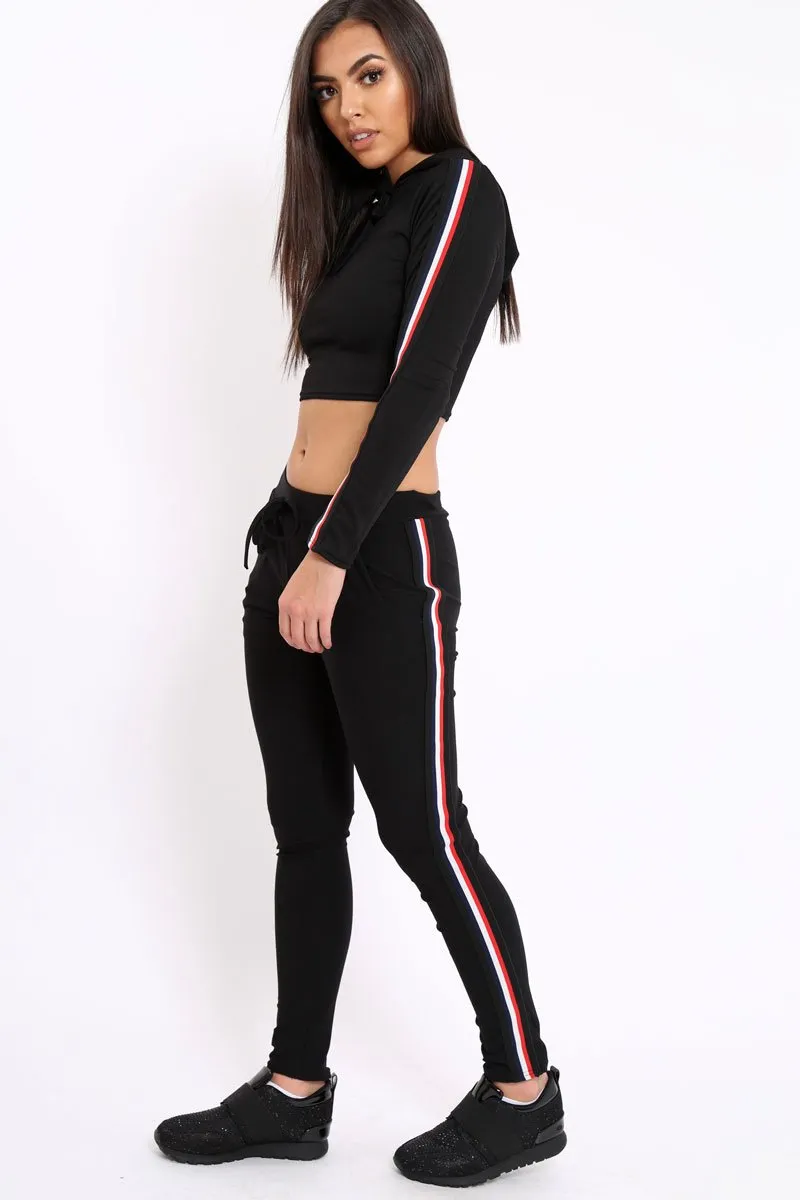 Black Tracksuit with Red White and Black Side Stripe - Kasey