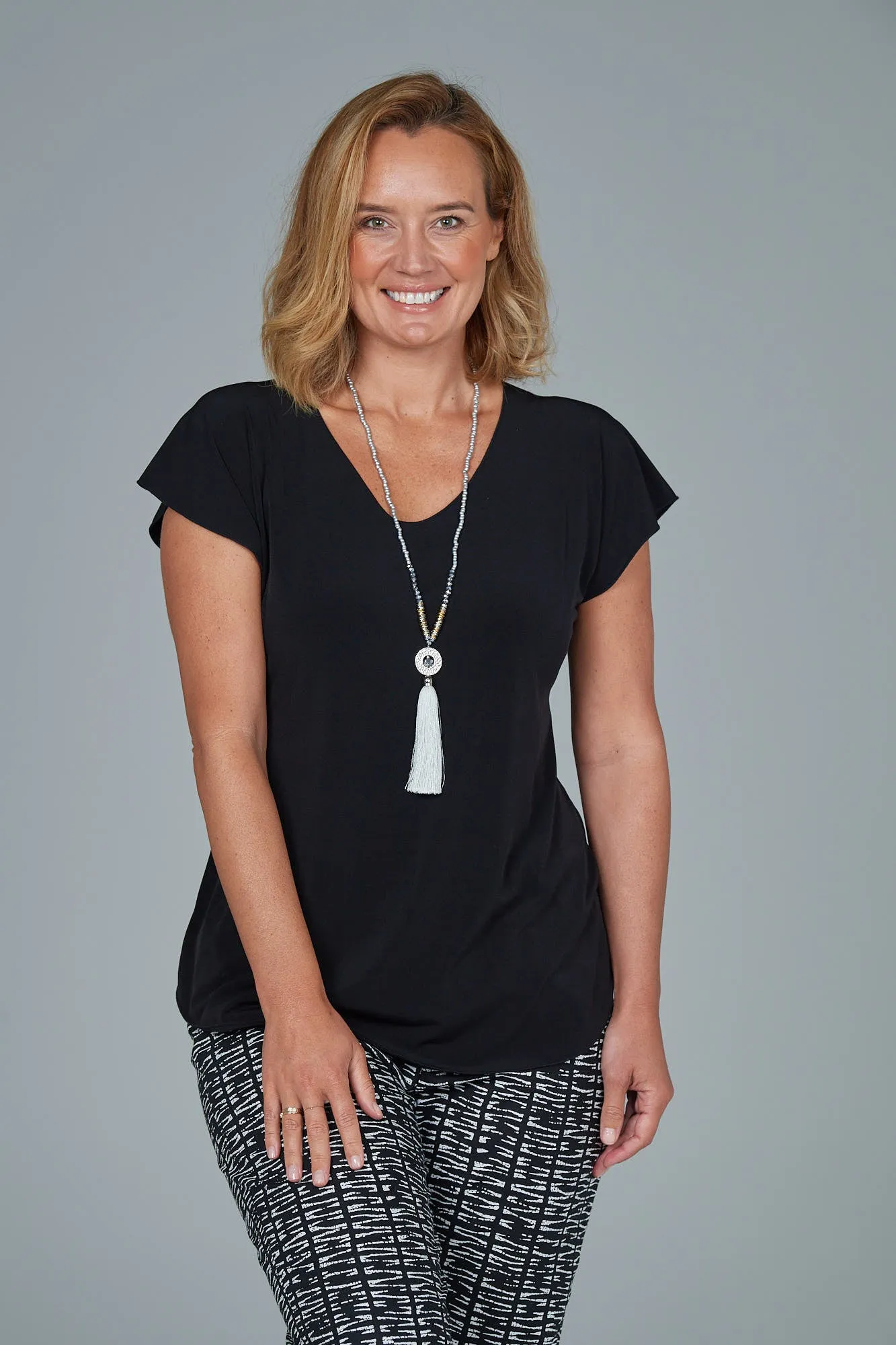 Black Woven Bamboo Short Sleeve Top