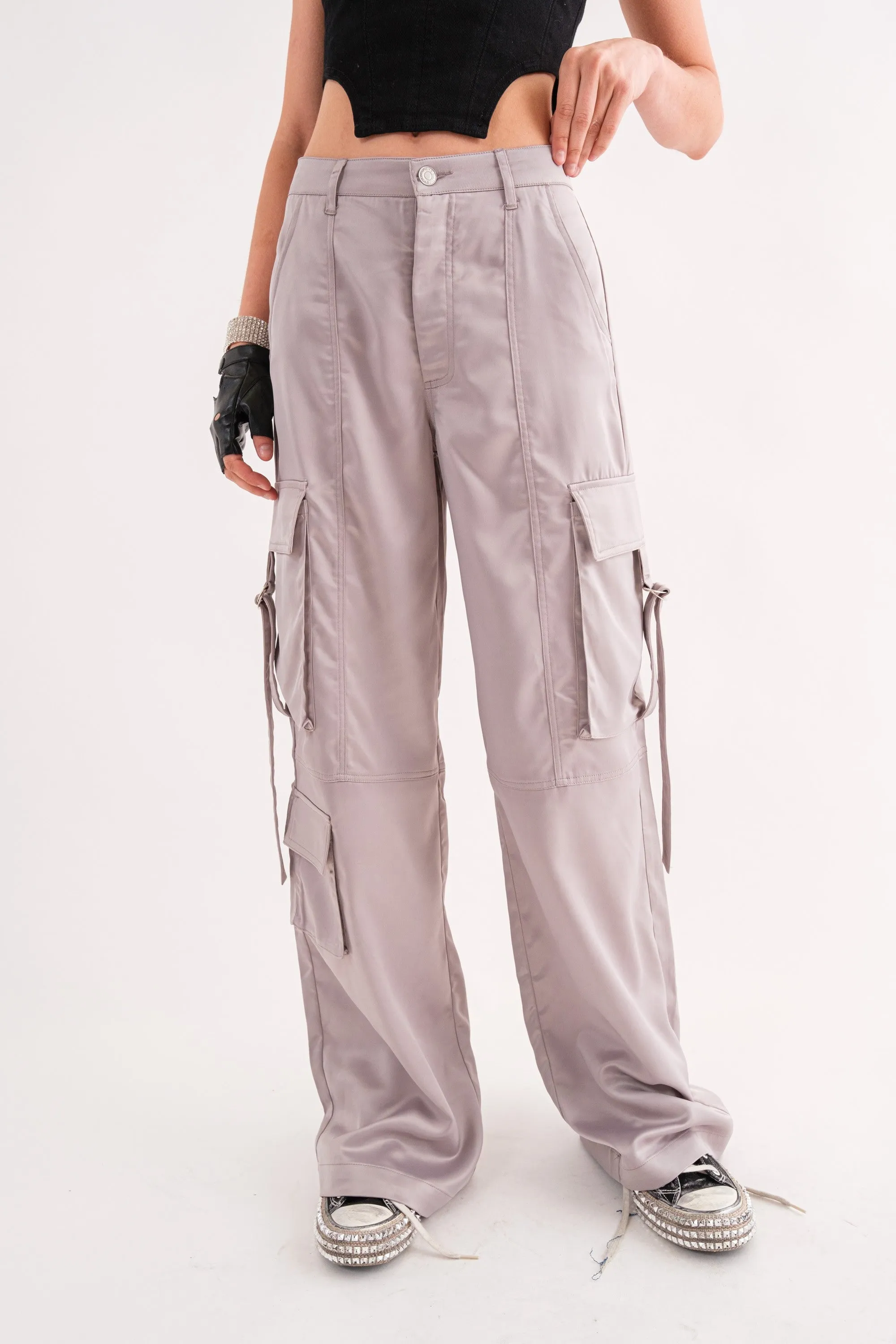 Cargo Pant With Buckle Strap Pockets Grey