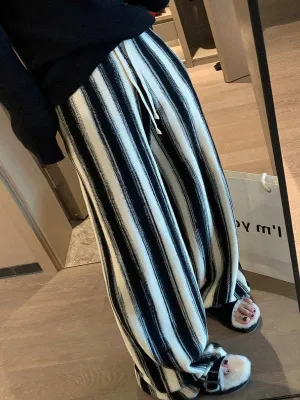 Casual Wide Leg Loose Drawstring Striped Pants