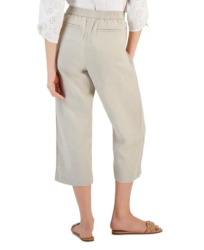 Charter Club women's 100% linen slip-on cropped trousers, tan/beige