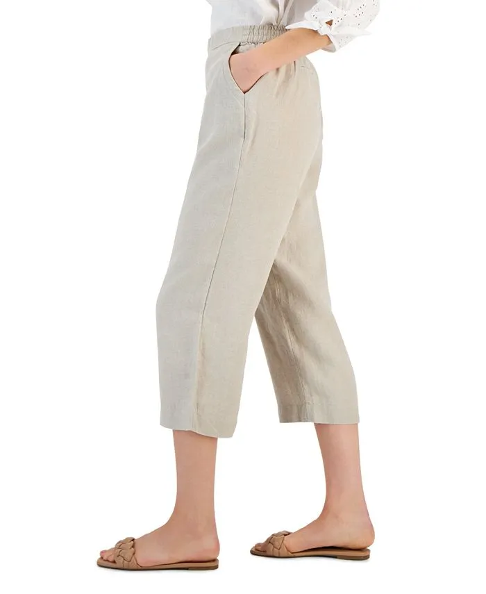 Charter Club women's 100% linen slip-on cropped trousers, tan/beige