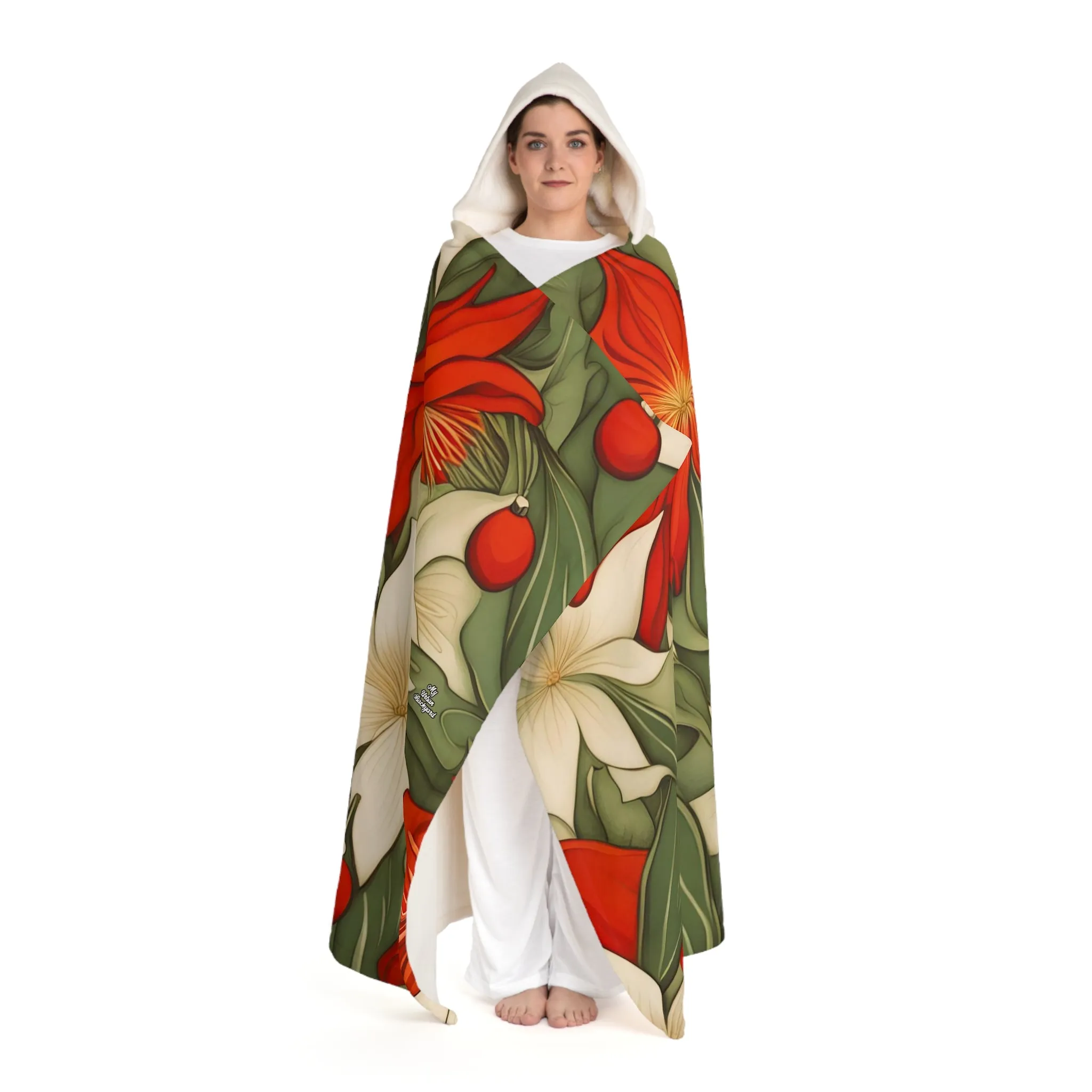 Christmas Flowers, Cozy Hooded Sherpa Fleece Blanket