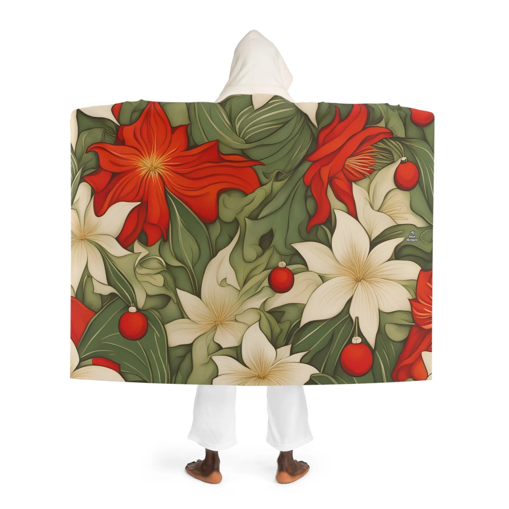 Christmas Flowers, Cozy Hooded Sherpa Fleece Blanket