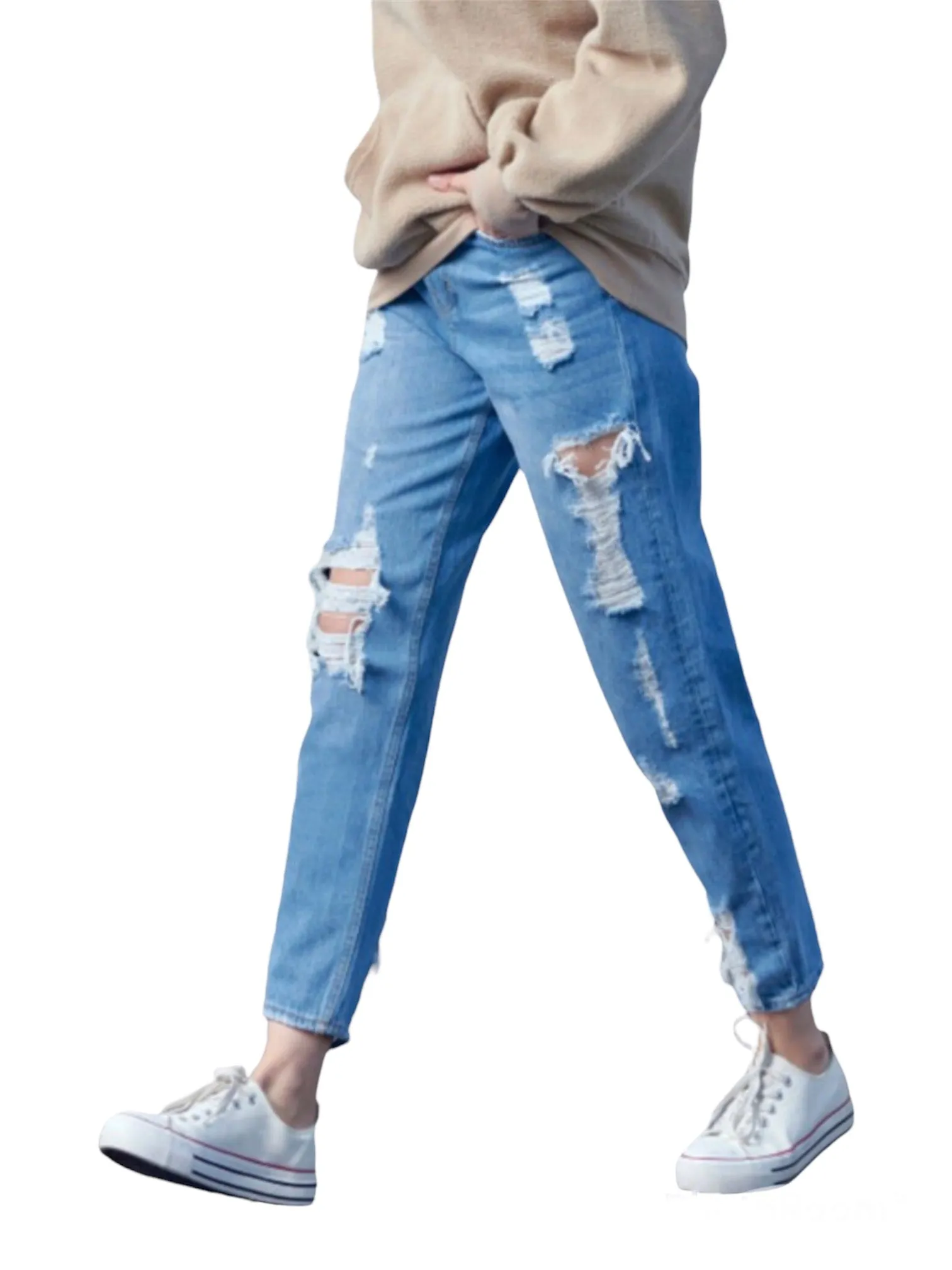 Distressed High Waste Mom Jeans