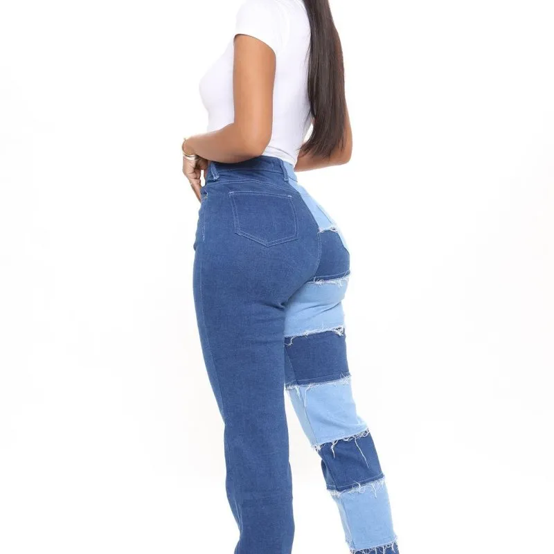 Fashion Women High Stretch Color Blocking Patchwork Straight Jeans