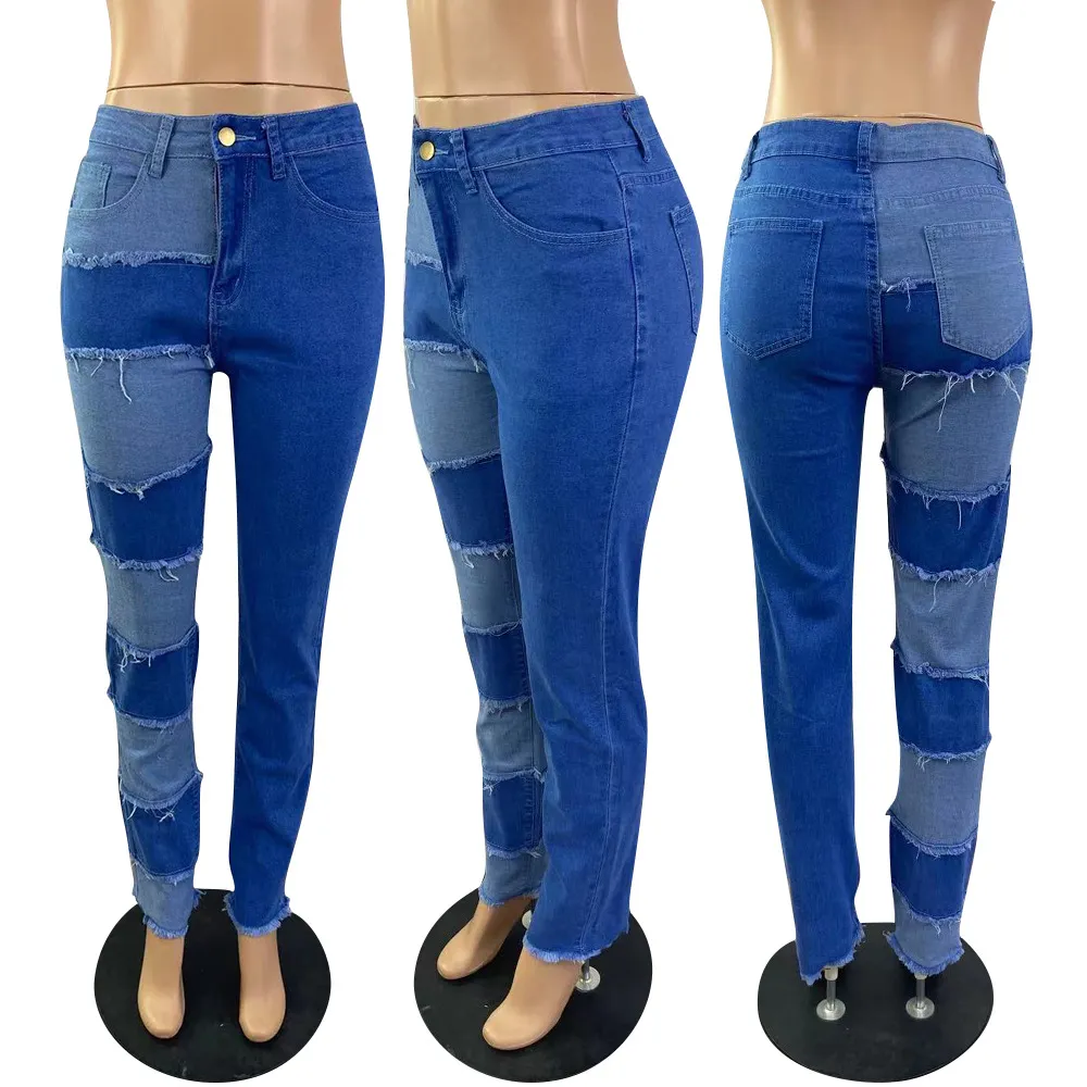 Fashion Women High Stretch Color Blocking Patchwork Straight Jeans