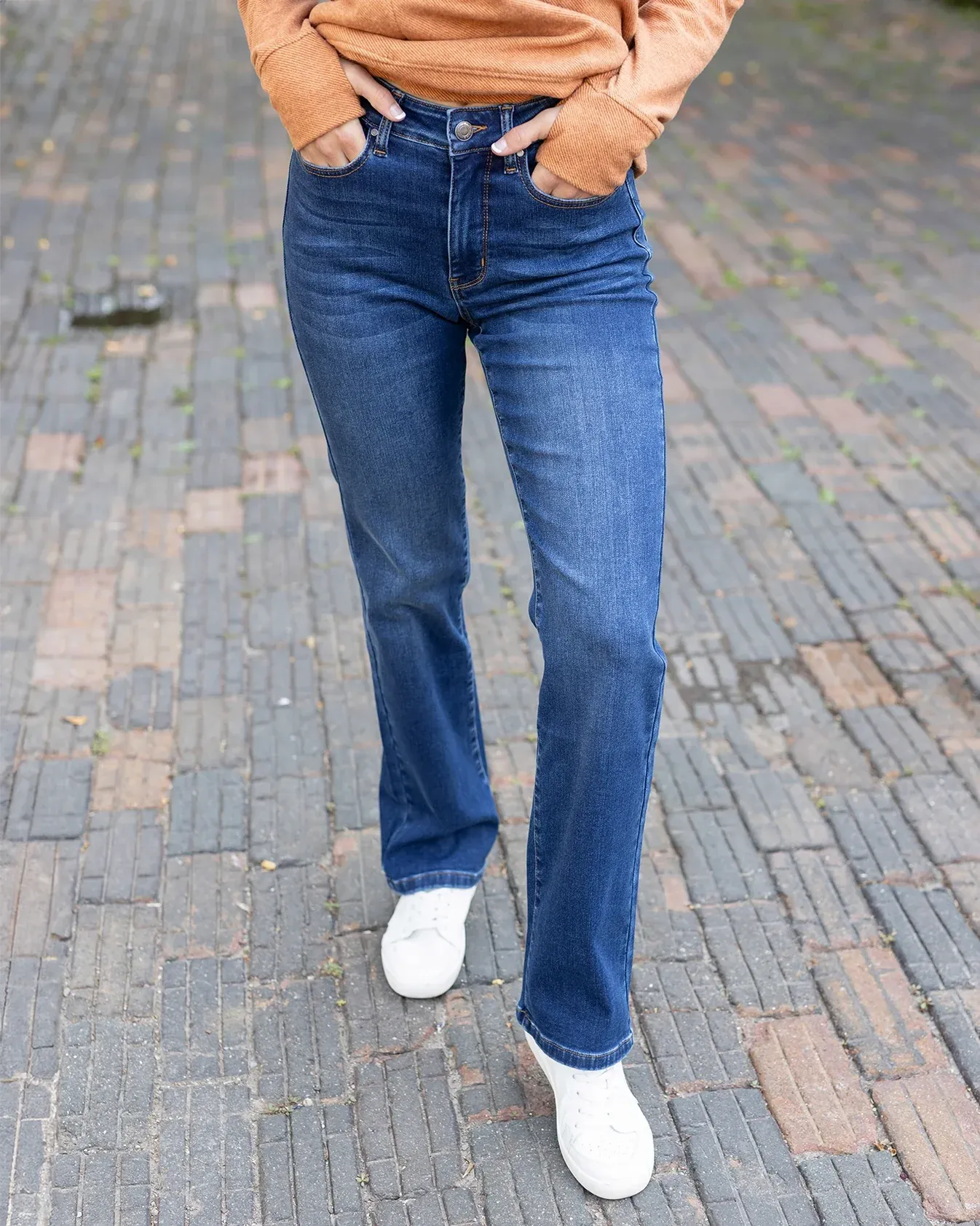 Fleece Straight Leg Jeans In Dark Mid-Wash by Grace & Lace (Ships in 1-2 Weeks)