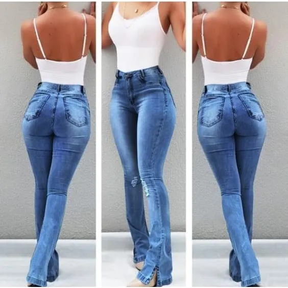 High Waist Split Side Hem Ripped Skinny Jeans