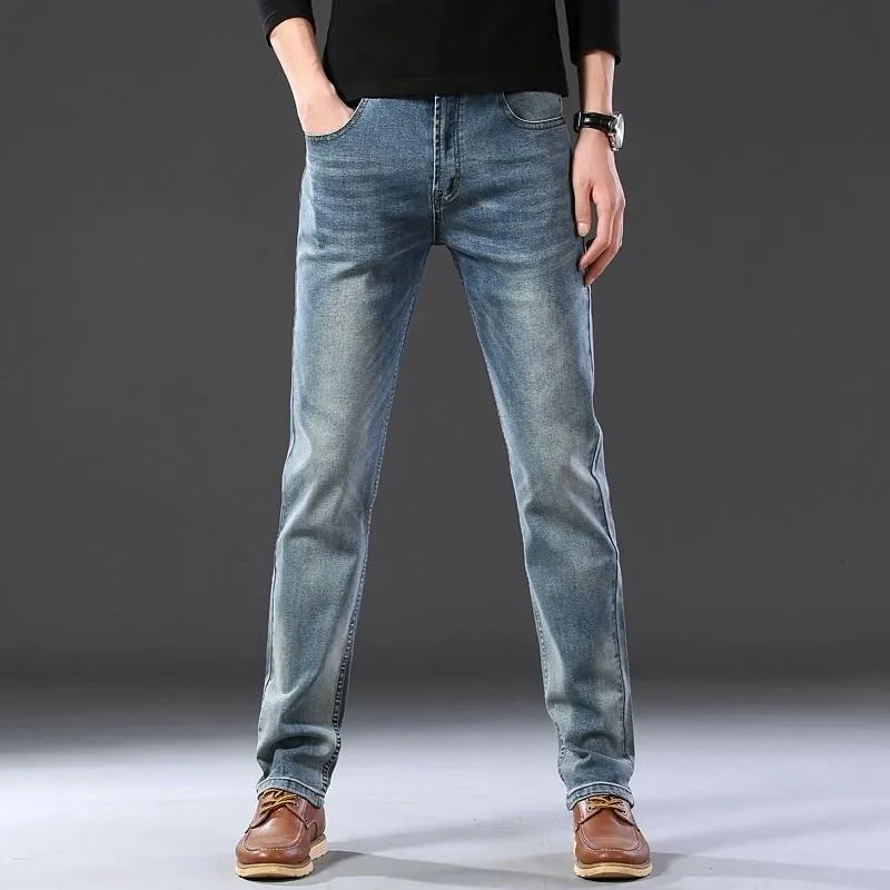 Men Business Casual Stretch Comfortable Straight Cut Denim Jeans Trousers