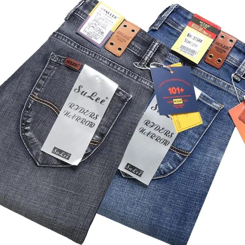 Men Business Casual Stretch Comfortable Straight Cut Denim Jeans Trousers