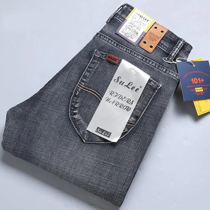 Men Business Casual Stretch Comfortable Straight Cut Denim Jeans Trousers