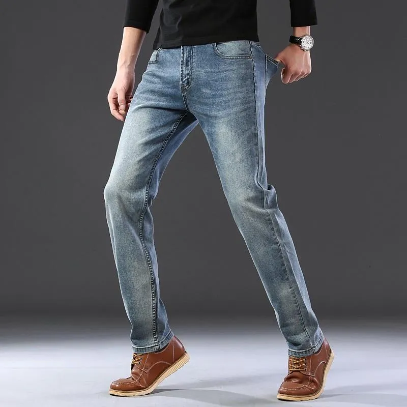 Men Business Casual Stretch Comfortable Straight Cut Denim Jeans Trousers