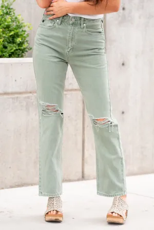 Olive Green Ultra High Rise Distressed Straight Leg