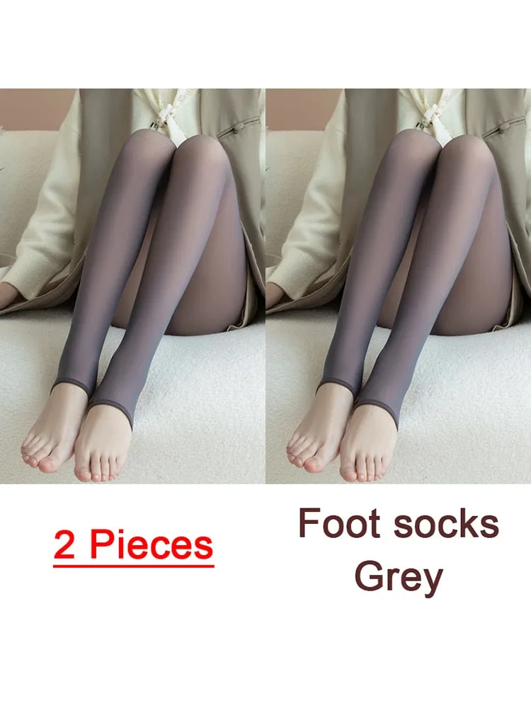 Purpdrank - 1/2pcs Translucent Wool Pants Sock Winter Stocking Fake Pantyhose Women's Thermal Pants Fleece Lined Warm Legging Tights