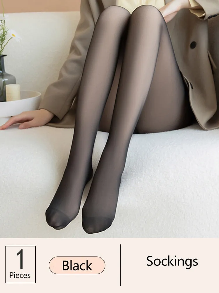 Purpdrank - 1/2pcs Translucent Wool Pants Sock Winter Stocking Fake Pantyhose Women's Thermal Pants Fleece Lined Warm Legging Tights