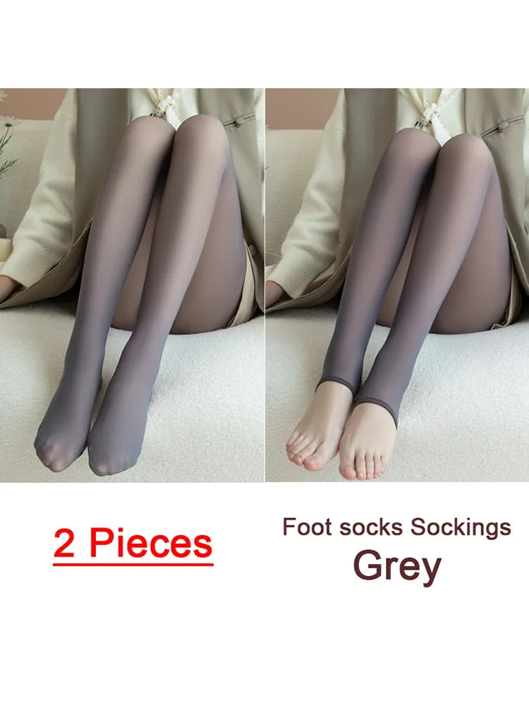 Purpdrank - 1/2pcs Translucent Wool Pants Sock Winter Stocking Fake Pantyhose Women's Thermal Pants Fleece Lined Warm Legging Tights