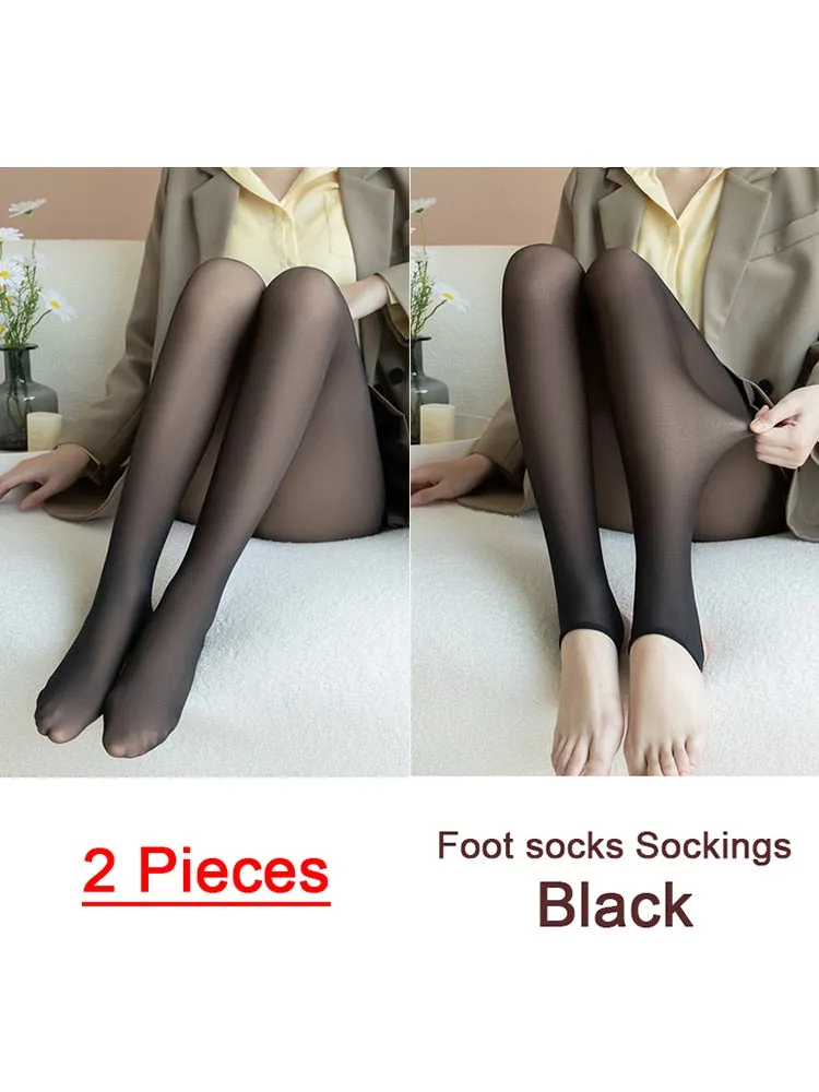 Purpdrank - 1/2pcs Translucent Wool Pants Sock Winter Stocking Fake Pantyhose Women's Thermal Pants Fleece Lined Warm Legging Tights