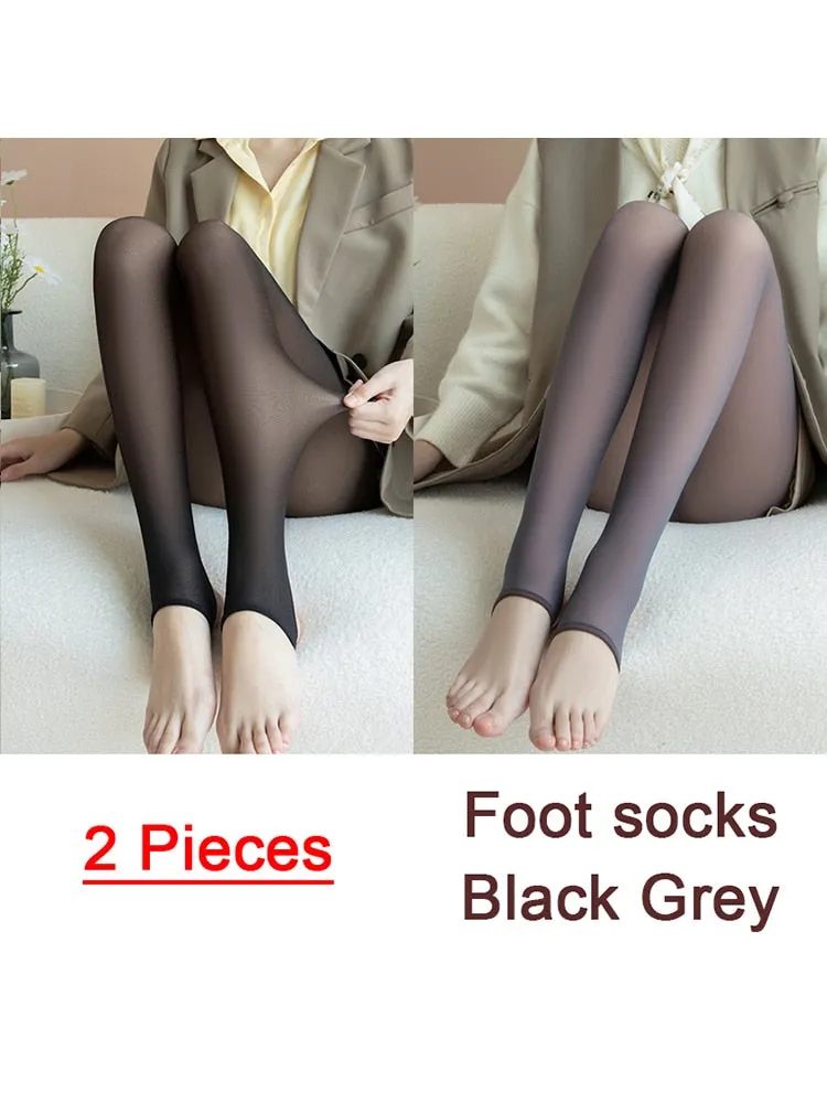 Purpdrank - 1/2pcs Translucent Wool Pants Sock Winter Stocking Fake Pantyhose Women's Thermal Pants Fleece Lined Warm Legging Tights