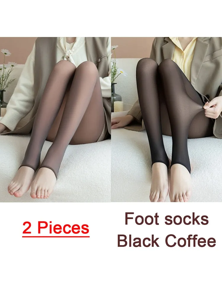 Purpdrank - 1/2pcs Translucent Wool Pants Sock Winter Stocking Fake Pantyhose Women's Thermal Pants Fleece Lined Warm Legging Tights