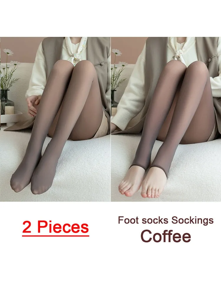 Purpdrank - 1/2pcs Translucent Wool Pants Sock Winter Stocking Fake Pantyhose Women's Thermal Pants Fleece Lined Warm Legging Tights