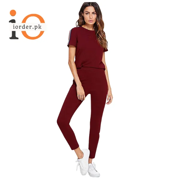 Red and White Striped Tracksuit Tape Tee & Leggings Pants Set for Women