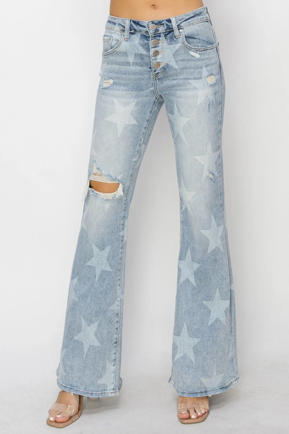 RISEN Mid Rise Button Fly Start Print Flare Jeans