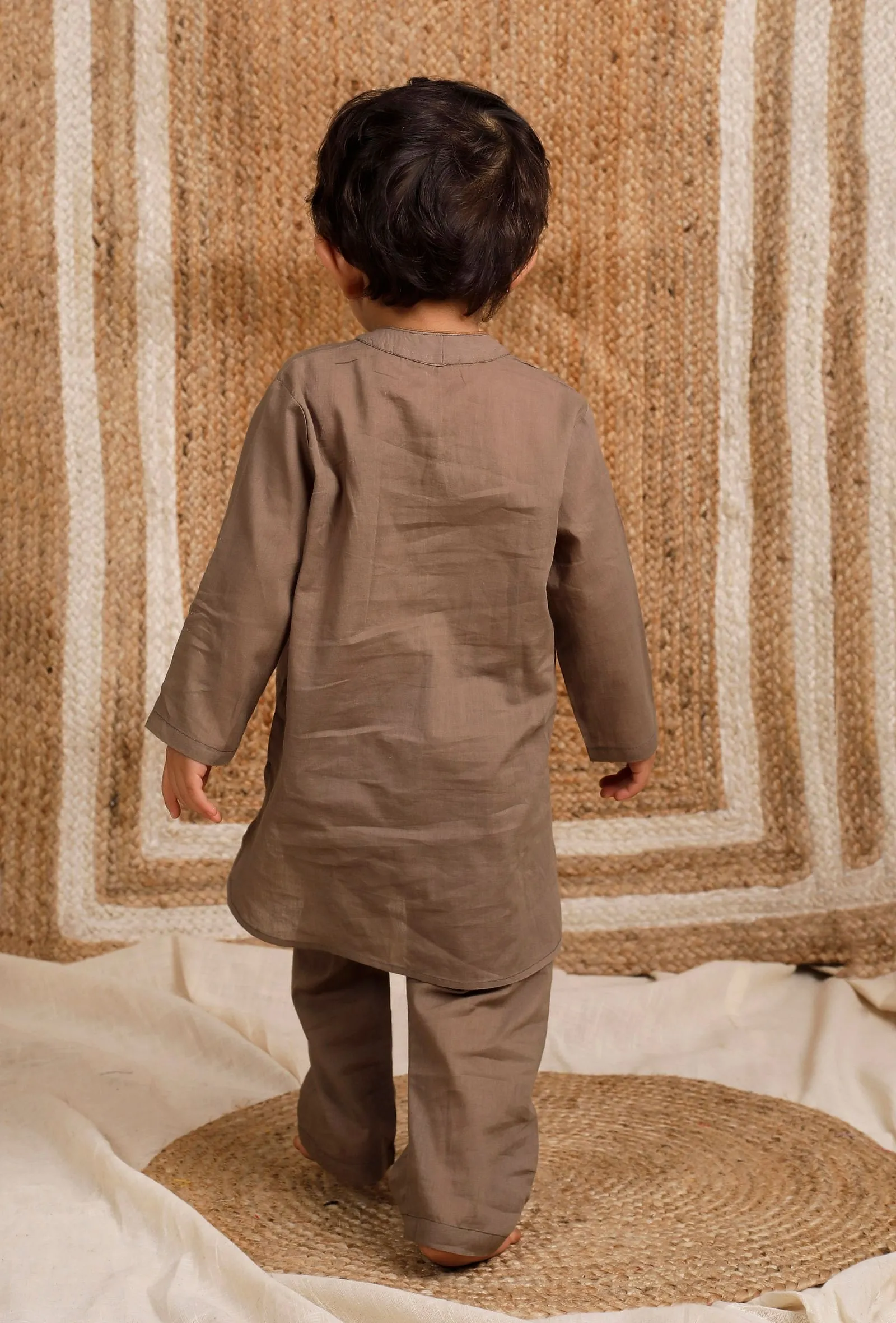 Set Of 2: Brown Mul Mul Kurta With Brown Pant