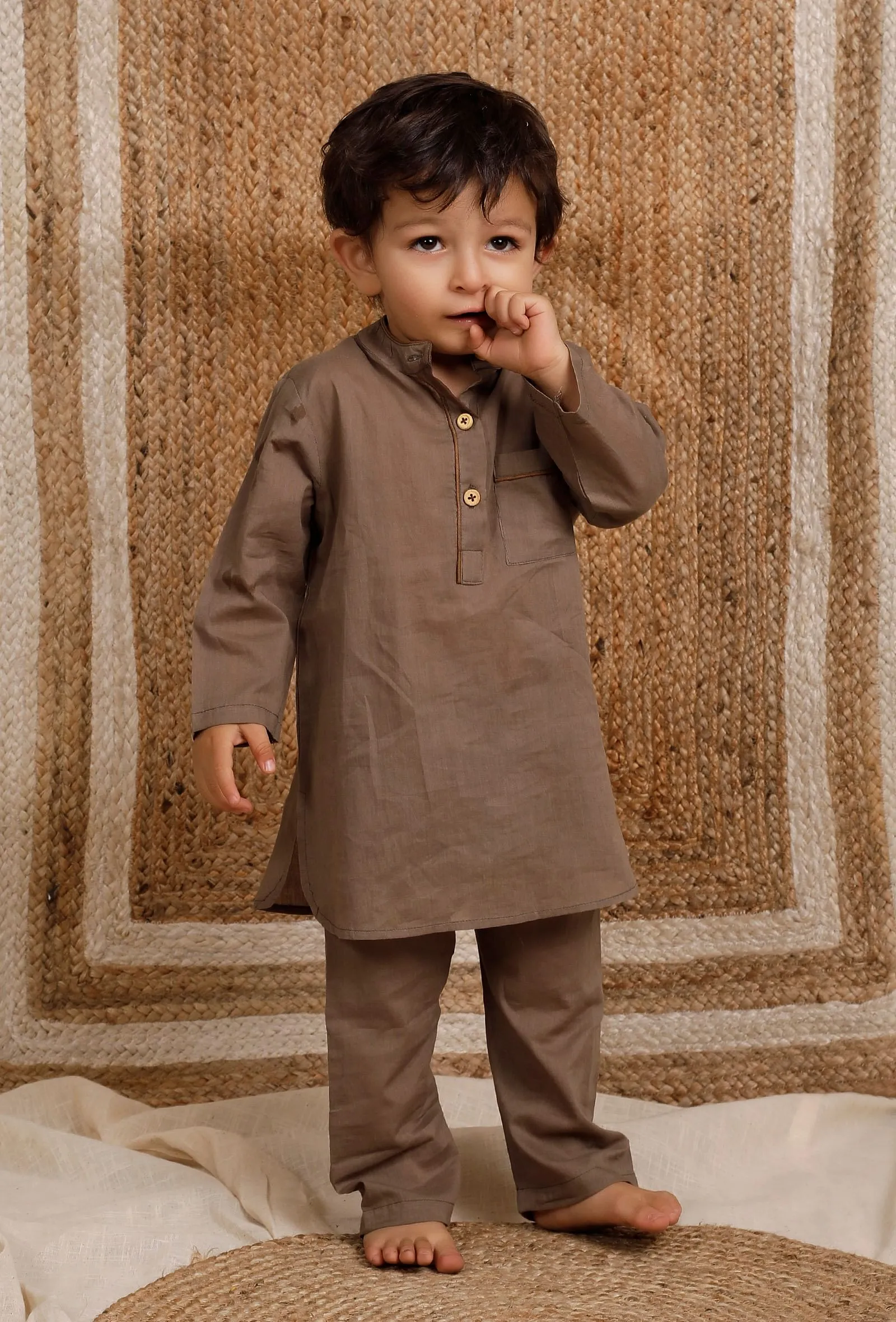 Set Of 2: Brown Mul Mul Kurta With Brown Pant