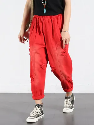 Solid Color Ripped Trouser Pants