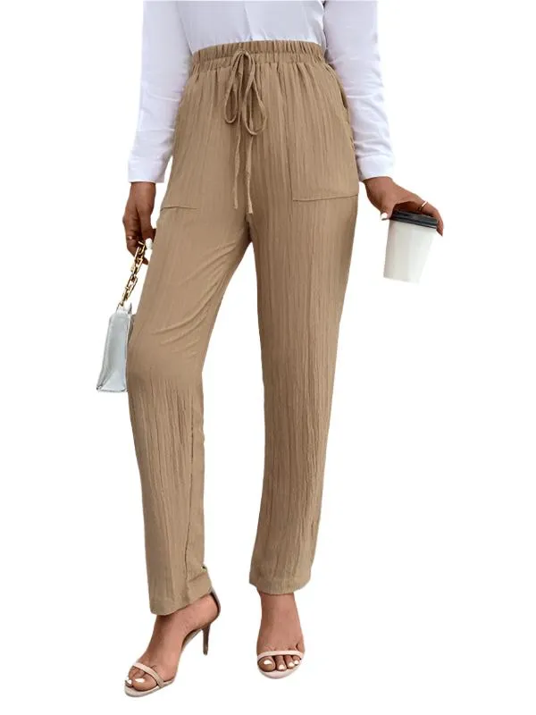 TEEK - Khaki Drawstring Elastic Waist Pleated Pants