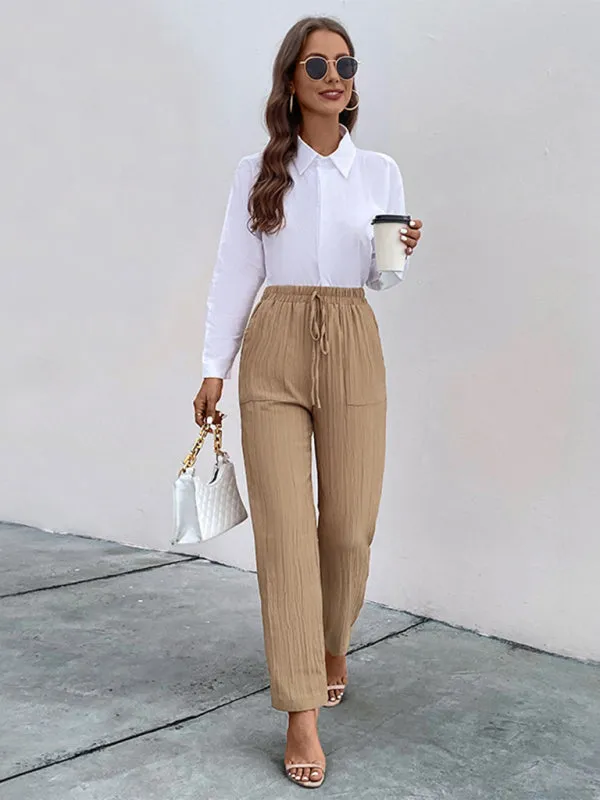 TEEK - Khaki Drawstring Elastic Waist Pleated Pants