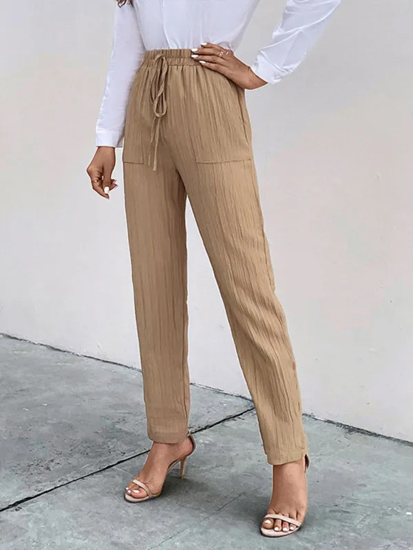 TEEK - Khaki Drawstring Elastic Waist Pleated Pants