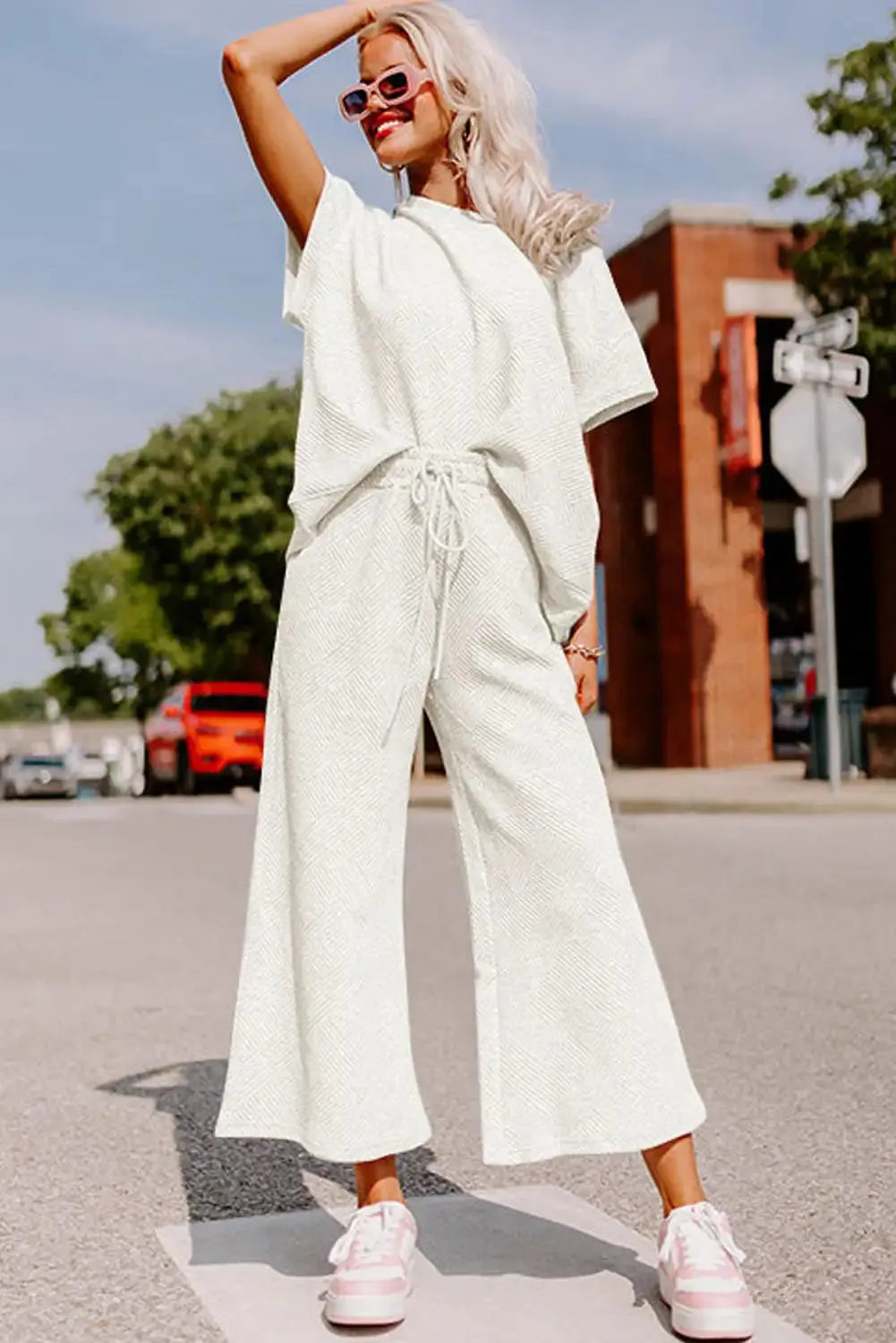 Textured White Loose Fit T Shirt and Drawstring Pants Set