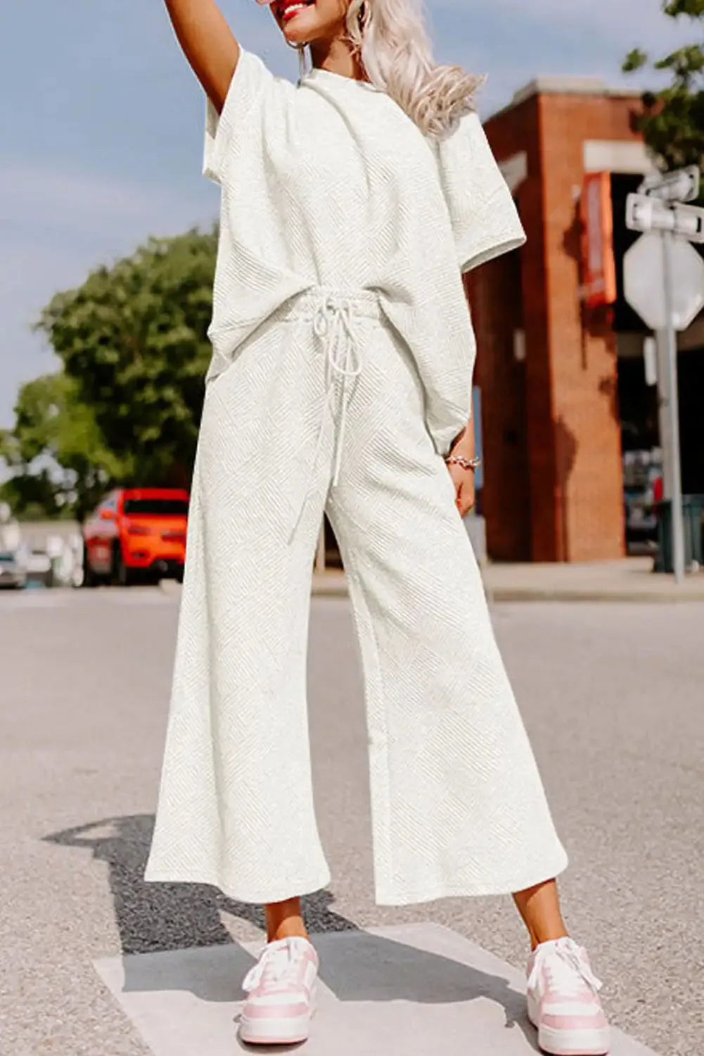 Textured White Loose Fit T Shirt and Drawstring Pants Set