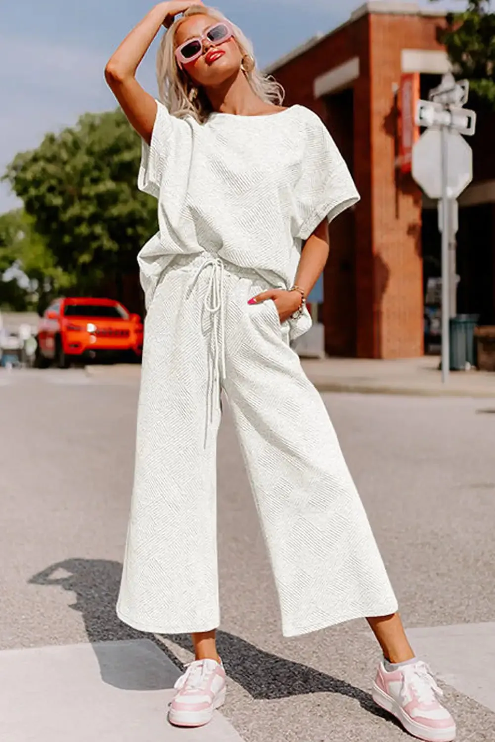 Textured White Loose Fit T Shirt and Drawstring Pants Set