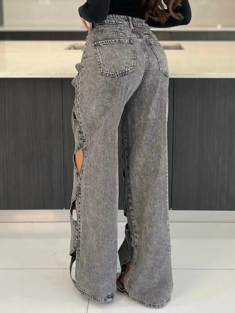 Trendy Hollow Out High Waist Patchwork Wide Leg Jeans