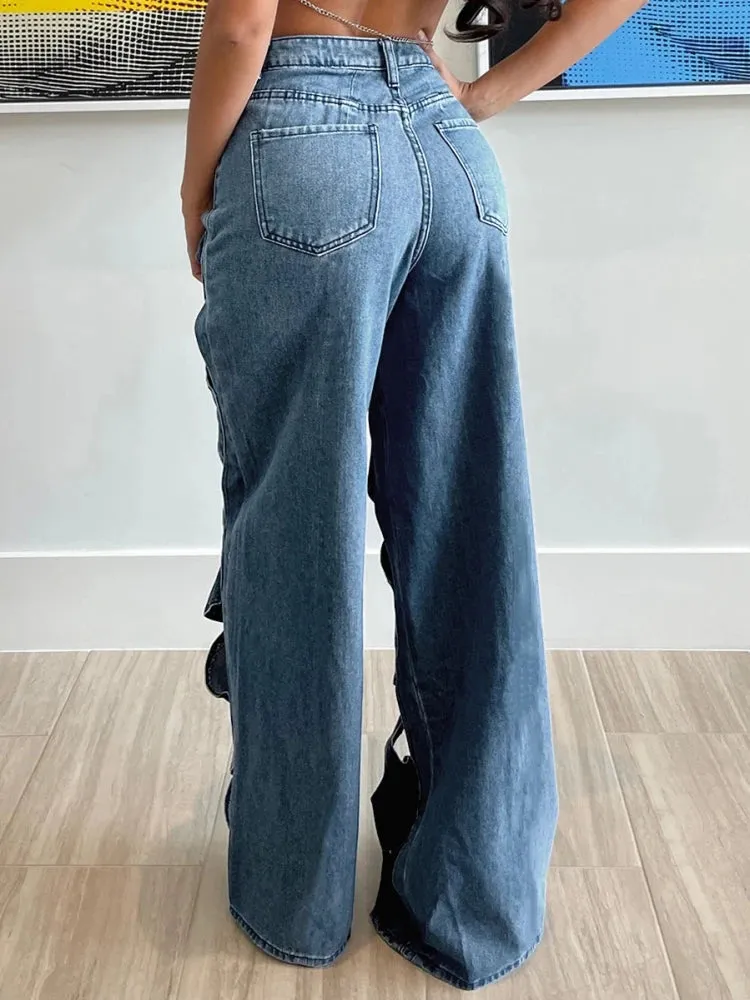 Trendy Hollow Out High Waist Patchwork Wide Leg Jeans