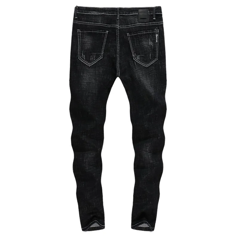 Vintage Distressed Ripped Skinny Tapered Jeans - Black