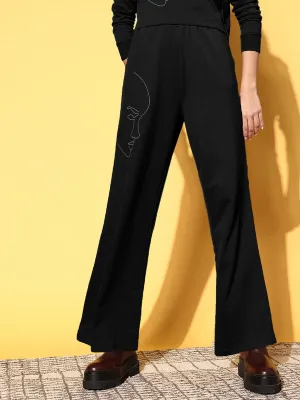 Women Black Terry Line Art Track Pants