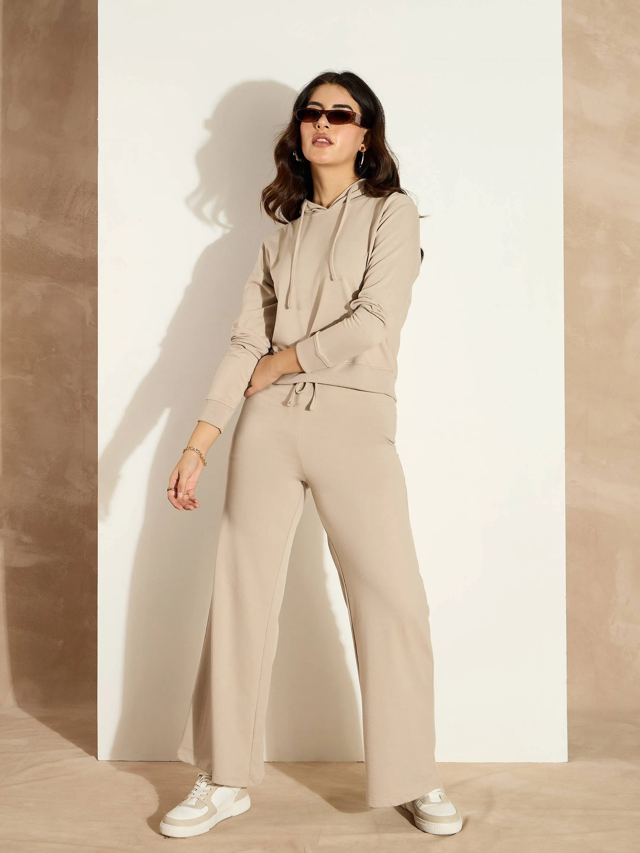 Women Taupe Terry Wide Leg Drawstring Pants