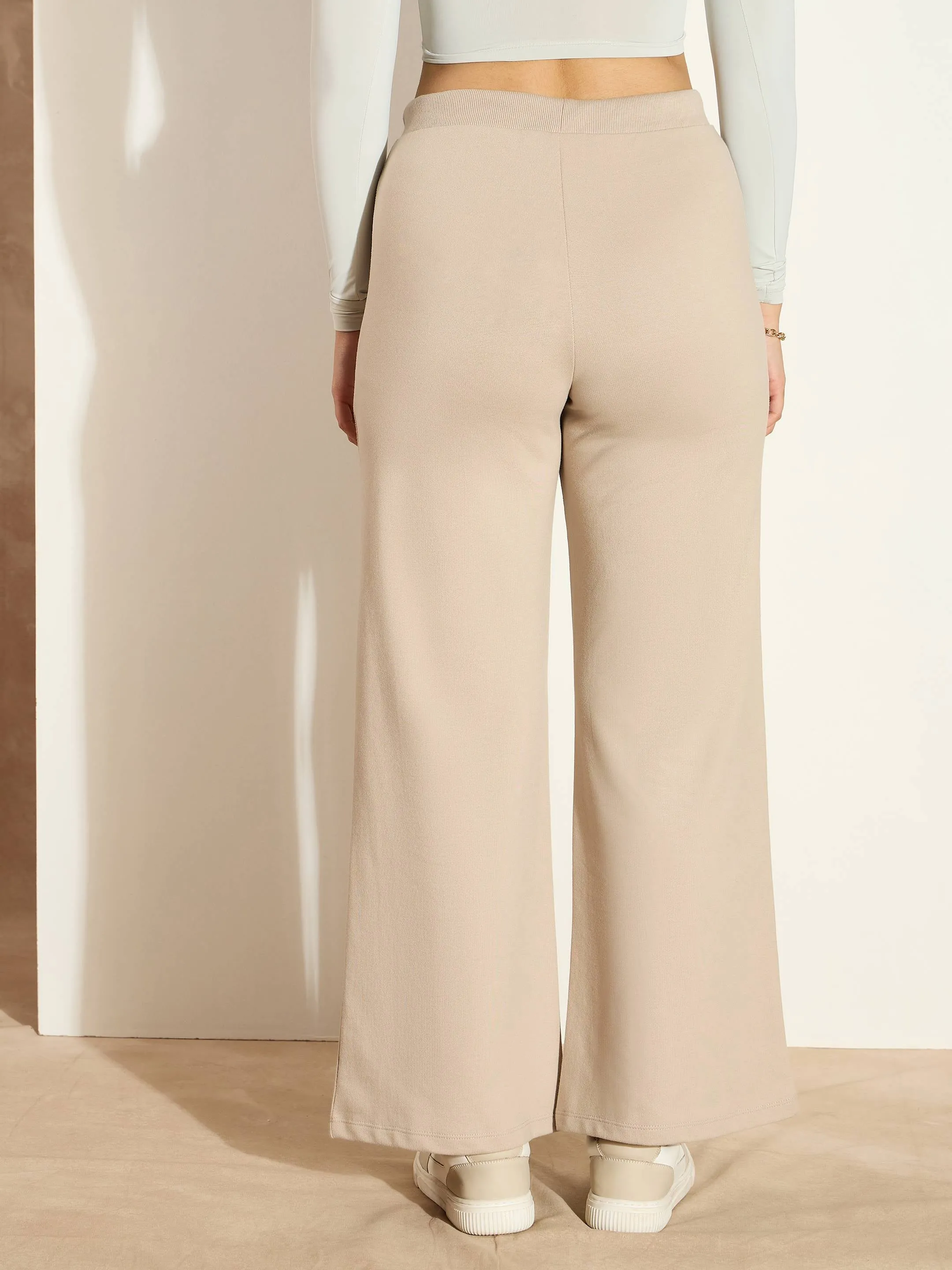 Women Taupe Terry Wide Leg Drawstring Pants