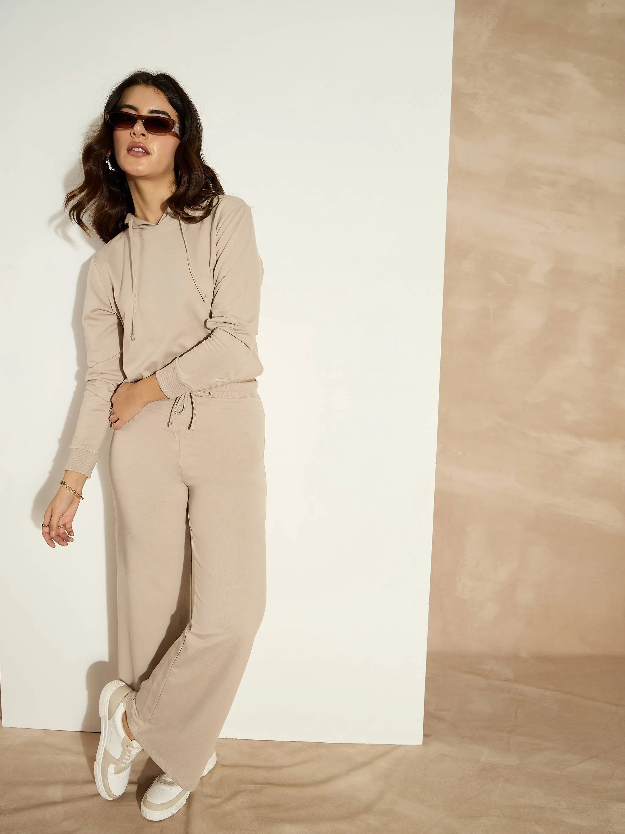 Women Taupe Terry Wide Leg Drawstring Pants