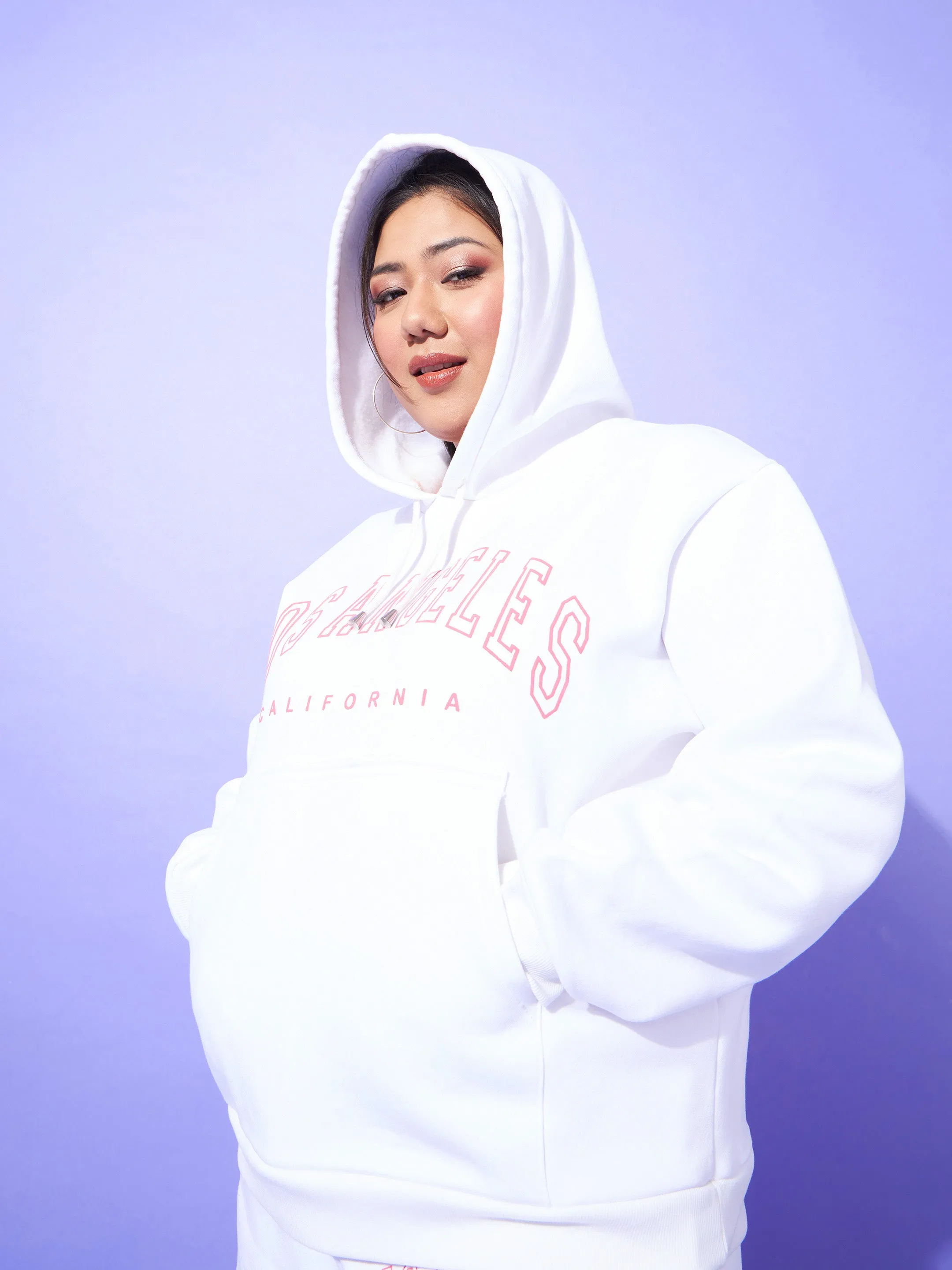 Women White Fleece LOS ANGELES Hoodie With Track Pants